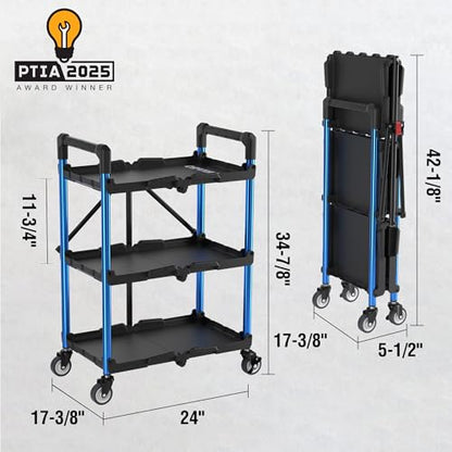 WORKPRO 3-Tier Collapsible Service Cart, Black/Blue, 210 LBS Foldable Utility Cart with Wheels, Portable Rolling Tool Cart for Garage, Warehouse, Home, Restaurant and Office (No Assembly Required) - color: Black/Glossy Blue