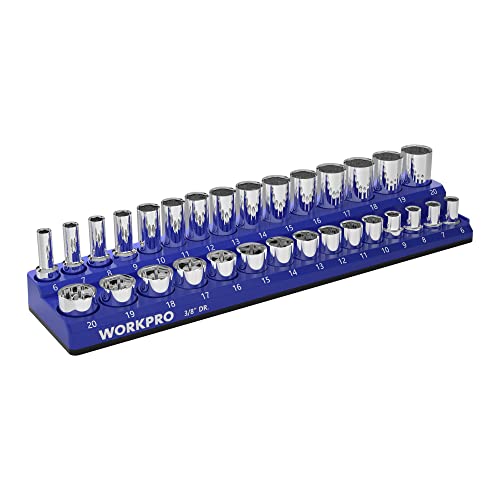 WORKPRO Magnetic Socket Organizer, 3/8-Inch Metric Socket Holder | Hold 30-Piece Sockets, Suitable for Standard and Deep Socket, Magnetic Base, No Scratches Installation, Sockets not Included - size: 3/8" DR - Metric