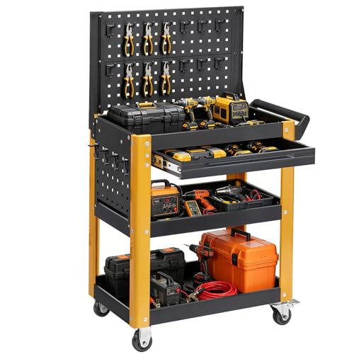 4-Tier Rolling Tool Cart with Wheels Work Cart with Drawer & Pegboardwith | 1000LBS Load Capacity, Lockable, For Workshop, Warehouse, Garage, Shop, School & Garden - color: Y-black