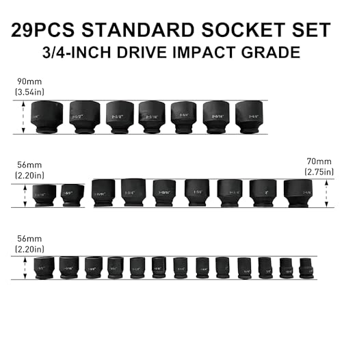 MacWork 29 Pieces 3/4" Drive Impact Socket Set, Standard, SAE 3/4" to 2-1/2", CR-V Alloy Steel, 6-Point Hex Radius Corner Design