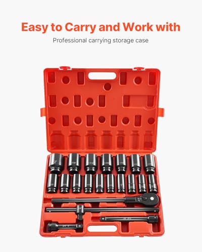 VEVOR Impact Socket Set 3/4 Inches 22 Piece Deep Impact Sockets, 6-Point Sockets, Rugged Construction, CR-V Drive Socket Set Impact SAE 13/16 inch - 2 inch, Includes Carrying Case and Ratchet Handle - style: 3/4" 22PCS