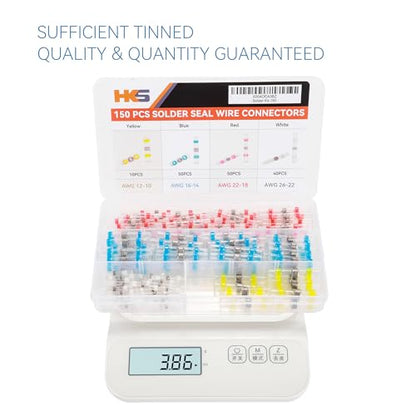 HKS 150PCS Solder Seal Wire Connectors Kit – Waterproof Heat Shrink Butt Terminals – 26-10 AWG – Automotive, Marine, Boat, Home Wiring Repair - color: Mix 26-10 AWG, size: 150PCS