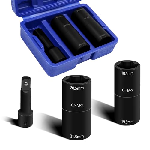 3PCS 1/2" Drive Flip Lug Nut Impact Socket Set, Half Sizes Lug Nut Socket Kit with 18.5/19.5mm 20.5/21.5mm & 3" Extension Bar, Dual-End Thin Wall Nut Socket, Double Sided Lug Nut Extractor