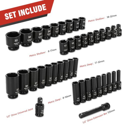 1/2" Impact Socket Set 40PCS, Metric Shallow & Deep 8-32mm | CR-MO Steel,6-Point Design,includes Extension Bars & U-Joint. Ideal heavy-duty kit for car and truck lug nut repair - size: 1/2" |Metric| 40-PCS |Shallow & Deep