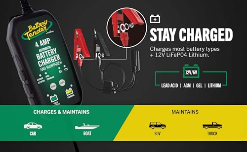 Battery Tender 4 AMP Battery Charger and Maintainer - Automotive Switchable 12V or 6V Smart Automatic for Cars SUVs and Trucks - Lead Acid, AGM, Gel, & Lithium Battery Charger - 022-0209-BT-WH