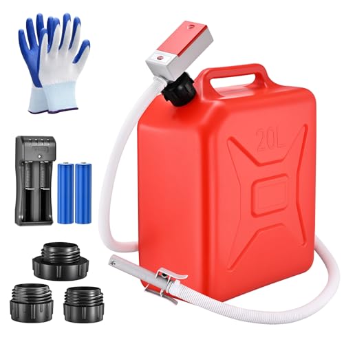Portable fuel transfer pump with automatic shut-off, flow rate 3.8 gallons per minute, 51-inch hose, includes 4 tank adapters, suitable for gasoline, diesel, motor oil, and urea (Red)
