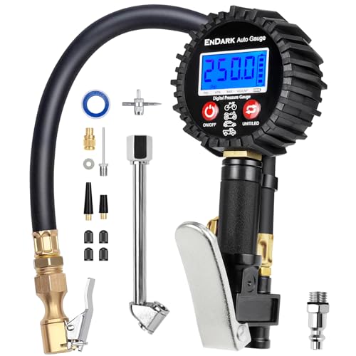 Digital Tire Pressure Gauge with Inflator: ENDARK 250 PSI Air Compressor Attachment Inflation Gun with Heavy Duty 360° Air Chuck & Extended Hose and Quick Connect Coupler - color: Black