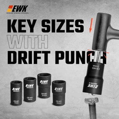 EWK 5 Pcs Lug Nut & Bolt Remover Extractor Set, 1/2 in Drive Twist Socket Lug Nut Removal Tool with Drift Punch Bar, 17mm 19mm 21mm 22mm CR-MO Bolt Extractor Sockets - style: Twist Socket Set