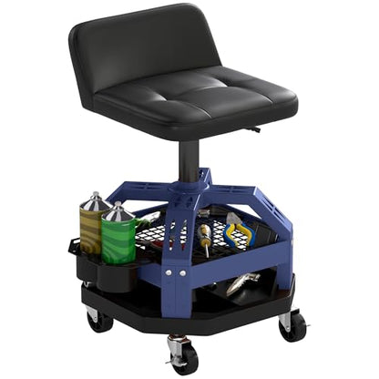 HOMCOM Rolling Mechanic Stool 300 LBS Capacity, Backrest 360° Wheels Blue | Pneumatic Creeper Garage Stool, Heavy Duty Roller Seat, Padded Shop Chair, Tool Tray Storage, Adjustable Height - color: Blue