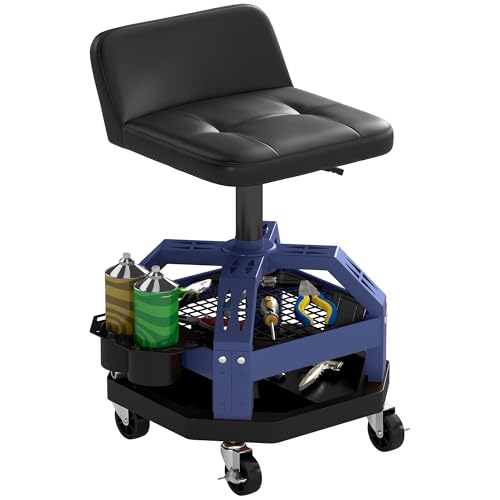 HOMCOM Rolling Mechanic Stool 300 LBS Capacity, Backrest 360° Wheels Blue | Pneumatic Creeper Garage Stool, Heavy Duty Roller Seat, Padded Shop Chair, Tool Tray Storage, Adjustable Height - color: Blue