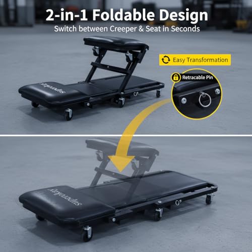 superokay 2-in-1 Folding Creeper Seat, 40-Inch, 330LBS Capacity | Steel frame, 2-in-1 creeper/seat, 40-inch length, 330LBS capacity, 360° casters, padded cushion, foldable - size: 40 inch