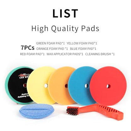 CARROAD 7pc 6.5 Inch Buffing Pads Kit - Heavy Cut to Finishing Foam & Wool Pads for DA/RO Polisher - Removes Scratches, Oxidation & Swirl Marks - 50+ Reusable Cycles - size: 7pc 6.5inch