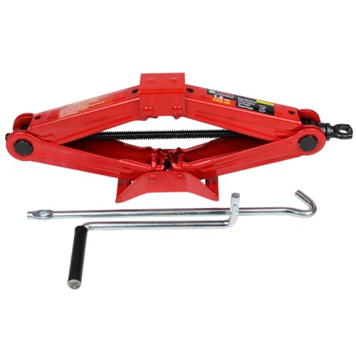K Tool International 63100 1.5 Ton Automotive Scissor Jack for Garages, Repair Shops, and DIY, Compact, Portable, 3,000 lbs. Capacity, Lifting Range 4.1" - 15.2", Alloy Steel, Long Crank Handle, Red