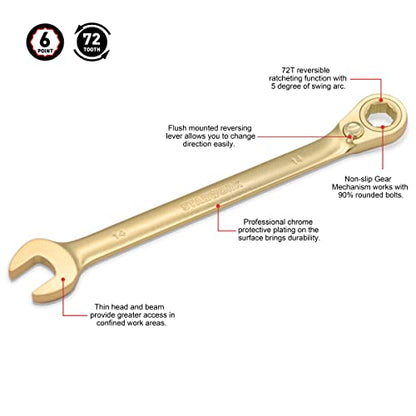 STARWORK 12 Pc. 6-Point Metric 15° Offset Vintage G-Plating Reversible Non-Slip Long Pattern Ratcheting Combination Wrench Set (8-19 mm)