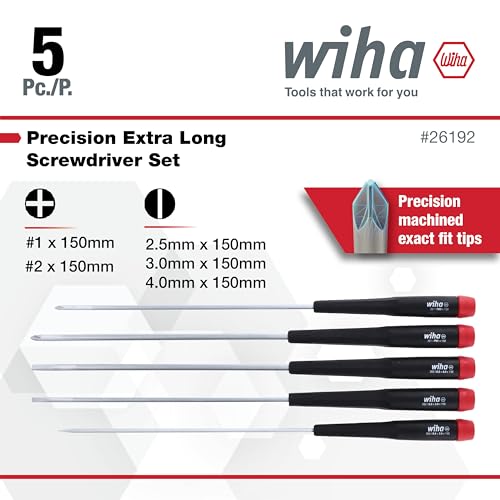 Wiha 26192 Slotted and Phillips Screwdriver Set, 5-Piece, Slotted 2.5–4mm, Phillips #0–#1