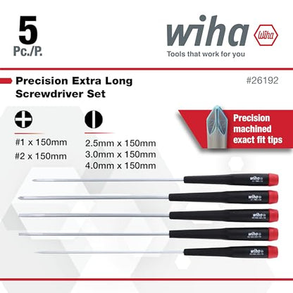 Wiha 26192 Slotted and Phillips Screwdriver Set, 5-Piece, Slotted 2.5–4mm, Phillips #0–#1