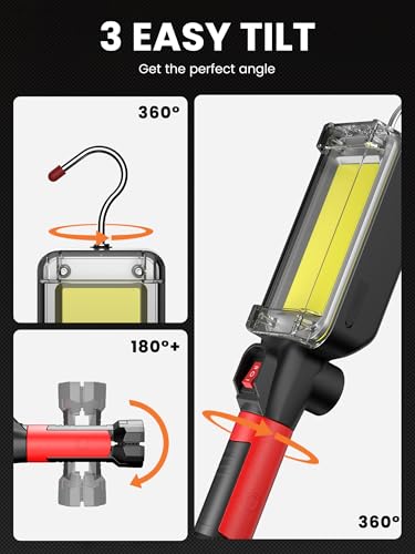 Rechargeable COB LED Work Light - Magnetic Hands-Free Trouble Light with 360° Rotating Hook, IPX4 Waterproof Drop Light for Garage Repair, Emergency | Tool Gifts for Men