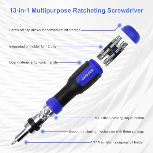 SHARDEN Ratchet Screwdriver 13-in-1 Multi Screwdriver Tool All in One Ratcheting Screwdriver Set with Phillips, Flat Head, Torx, Hex, Square, 180 Degree Pivoting Adjustable Angle Screw Driversets Set - color: Blue
