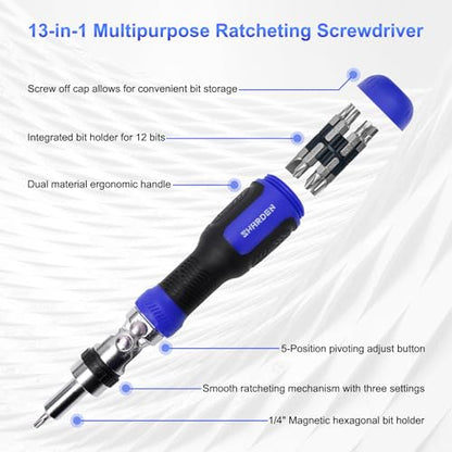 SHARDEN Ratchet Screwdriver 13-in-1 Multi Screwdriver Tool All in One Ratcheting Screwdriver Set with Phillips, Flat Head, Torx, Hex, Square, 180 Degree Pivoting Adjustable Angle Screw Driversets Set - color: Blue