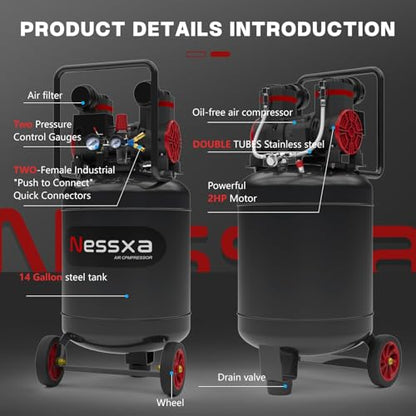 12 Gallon Ultra Quiet Air Compressor with 2 Quick Couplers 2HP 8.75 CFM, Max 115 PSI Pressure Oil-Free Air Compressor Tank, 70dB Quiet Compressor for Auto Repair, Tire Inflation 110V/60hz