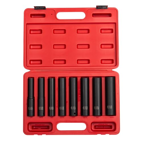 SUNEX TOOLS 2848, 1/2 Inch Drive Impact Socket Set, Extra Long Deep, 8-Piece, SAE, 1/2"-15/16", Cr-Mo Alloy Steel, Radius Corner Design, Dual Size Markings, Heavy Duty Storage Case