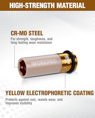 WORKPRO 1/2" Drive Lug Nut Impact Duty Socket, 19mm Deep Thin Wall Socket, Made of Premium Cr-Mo Steel, Non-Marring Lug Nut Wheel Sockets for Car - size: 1/2" DR x 19mm