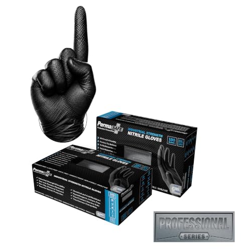 PermaSafe Black Nitrile Gloves | Heavy Duty 6+ Mil Industrial Grade Protection | Powder and Latex-Free Nitrile Disposable Gloves with Raised Textured Grip | Ideal for Mechanics, Other HD Uses & More