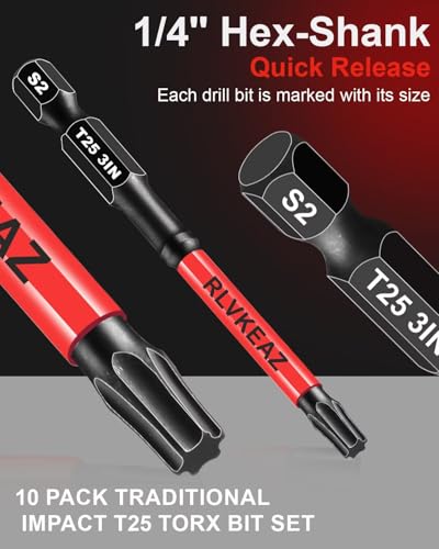 10-PCS T25 Torx Bits for Impact Driver, (1'' to 6'' Long) T-25 Star/Torx Bit Set, Premium Solid S2 Steel, Magnetic High-Torque, 1/4'' Hex-Shank for Auto Repair, Deck Building & DIY Projects - style: 10-PCS T25 Torx Bits 1'' to 6'' Long, T-25 Torx Bit Set