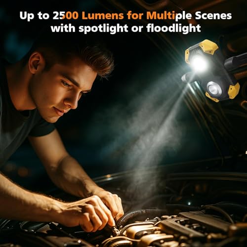 2-Pack 2500LM 3-in-1 Magnetic Rechargeable LED Work Light with Flashlight | 5 Lighting Modes, Strong Magnetic Base, 360° Rotating Foldable Stand for Hands-Free Car Repair, Camping & Emergency