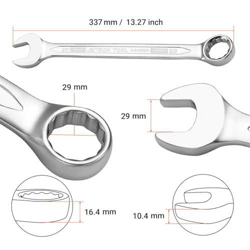 Jetech 29mm Combination Wrench, Metric 12-Point Chrome Vanadium Steel Spanner, Industrial Grade with 15-Degree Offset, Sand Blasted Finish, Heat-Treated Forged Tool - size: 29mm
