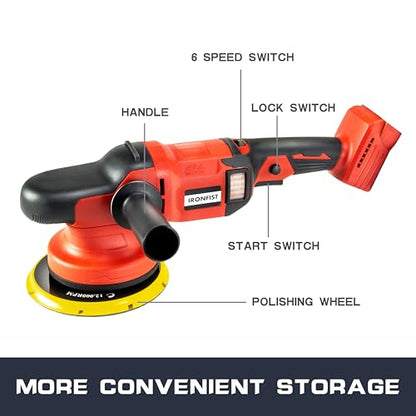 IRONFIST Cordless Orbital Polisher Compatible with Milwaukee M18 Battery, Car Polishing Waxer Machine 6inch work disk with brushless motor 6 speeds 750-6800RPM, (No Battery)