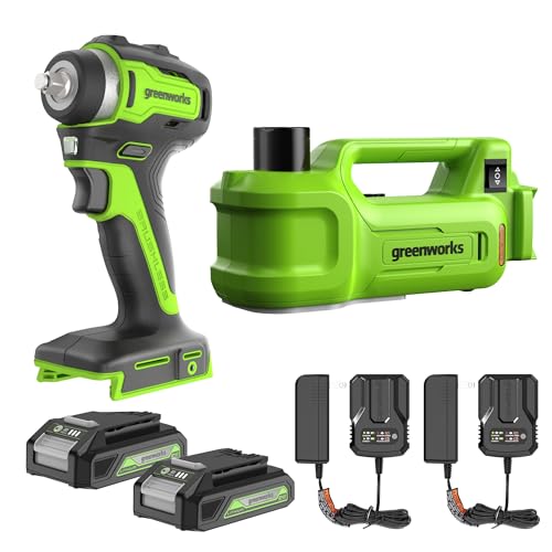 Greenworks 24V Brushless 2 pcs Cordless Power Tool Combo Kit, include 3/8" 150-ft lbs. Impact Wrench, 3 Ton Max Loading Car Jack, Include 2 x 2Ah Batteries and 1 Fast Charger - size: 2PCS Combo Kits(Car Jack+Impact Wrench)