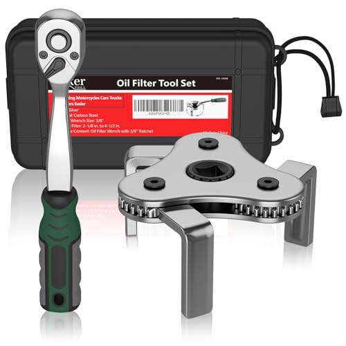 Moker Universal 3-Jaw Adjustable Oil Filter Wrench, 2-1/8 to 4-1/2 Inches | Quick Release Ratchet, Oil Filter Change Set, Ideal for Engine Filters