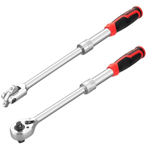 MAXPOWER Socket Wrenches Set, Extendable Ratchet Wrench 72-Tooth Reversible Ratcheting and 360 Flex Head Breaker Bar, Both Double Head 1/2" & 3/8" Drive