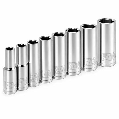 Powerbuilt 8 Piece 1/2 Inch Drive SAE 6 Point Deep Socket Set, Size 1/2-Inch to 15/16-Inch, Z-Drive Grips, Chrome Vanadium Steel made - 640056 - size: SAE (Pack of 1), style: 1/2" Drive