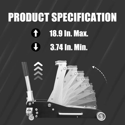 3 Ton (6,600 lbs) Low Profile Aluminum Hydraulic Racing Floor Jack with Dual Piston Quick Lift Pump, Lifting Range 3.74" to 18.9", for Cars, Trucks and SUVs, Black - color: black