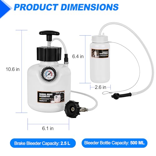 GOOACC Brake Bleeder Kit 2.5L Manual Power Brake Bleeder Fluid Vacuum Pump One Person Brake Pressure Bleeder Flush Kit Brake System Bleeding Tool w 0.5L Extractor Bottle 42mm Adapter for Ford BMW Alfa - size: 2.5L Manual