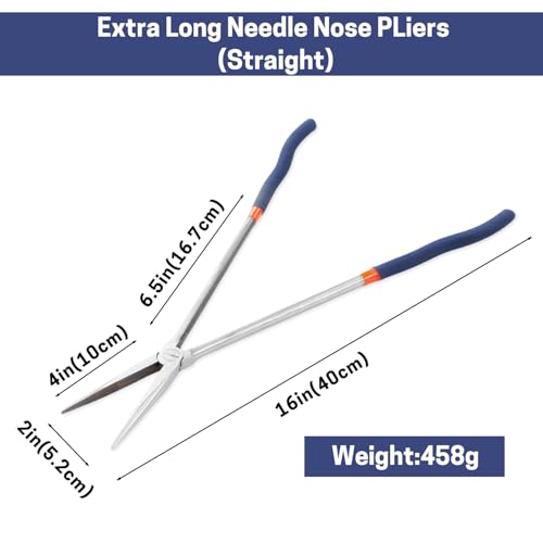 16'' Extra Long Needle Nose Pliers for Narrow and Limited Spaces | Straight Angled Nose, Long Reach Design, CRV Steel, Comfortable Grip, for Mechanics, Electricians, DIYers and Homeowners - style: 16'' Straight