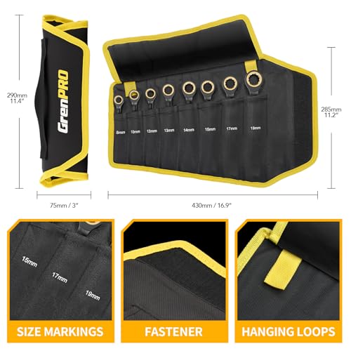 GRENPRO Ratcheting Wrench Set Metric And Standard, 9PC 8-19 mm 72Th Long Big Box Open End Ratchet Wrenches Organizer With Color Ring With Roll Up Pouch With 1 Gauge, Large Combination Wrench Tool Sets - style: 9PC Metric Ratchet Wrenches Set With Color Ri