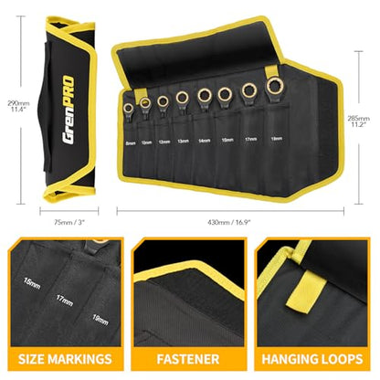GRENPRO Ratcheting Wrench Set Metric And Standard, 9PC 8-19 mm 72Th Long Big Box Open End Ratchet Wrenches Organizer With Color Ring With Roll Up Pouch With 1 Gauge, Large Combination Wrench Tool Sets - style: 9PC Metric Ratchet Wrenches Set With Color Ri