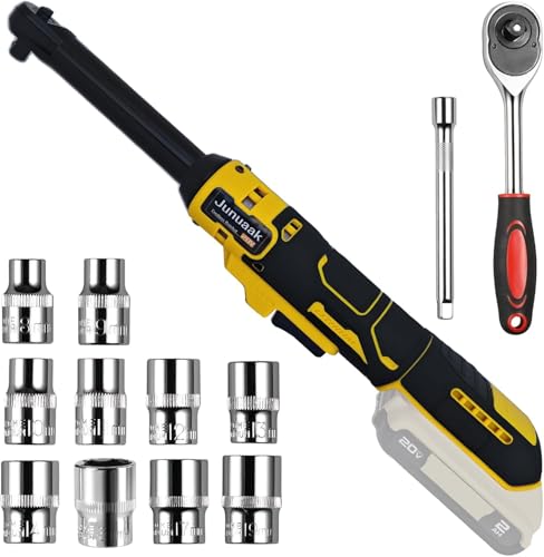 3/8" Extended Cordless Ratchet Wrench for De-Walt 20V MAX Batteries(No Battery) 6"Extension Bar Power Electric Ratchet Driver with Variable Speed 60Ft-lbs Cordless Ratchet 10 Sockets with led light - color: Yellow