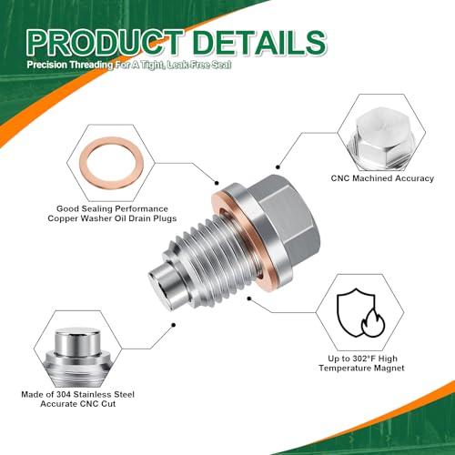 JUSTTOP M12 x 1.5 Magnetic Oil Drain Plug,Magnetic Stainless Steel Oil Pan Drain Nut Bolt with 5 PCS Washer Gasket,Fits for Benz BMW,Motorcycles,Boats