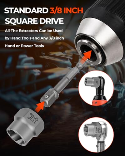 18 Piece Bolt Extractor Kit, 3/8" Drive Rounded Bolt & Nut Remover | Bolt Extractor Set with Hex Adapter-for Damaged, Frozen, Rusted Studs, Bolts, Nuts & Screws