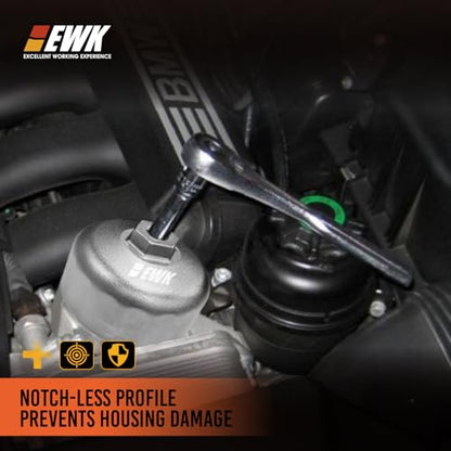 EWK 86.6mm 16-Flute Oil Filter Wrench, Heavy-Duty Cup Tool for BMW Cartridge Caps, Remove & Install Filter Housing Safely with 3/8" Drive, Fits 2006+ Models