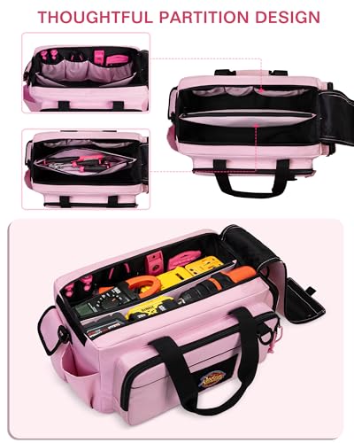 Pink Tool Bag for Women, 16 Inches Tool Storage Organizer Box | Spacious Main Compartment, Wide Opening, Multiple Pockets, Padded Handle, Adjustable Shoulder Strap, Tactical MOLLE Loop