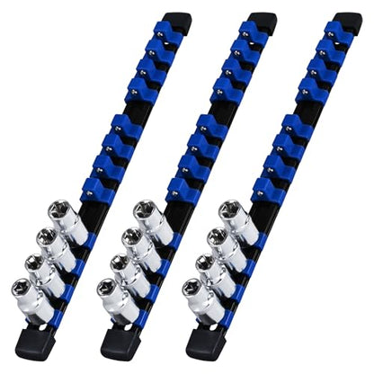 1/2-Inch Drive Heavy Duty Socket Holder Kit ABS, Socket Rail 12 Clips Blue, 3 Pieces - color: Blue, size: 3PC 1/2x3