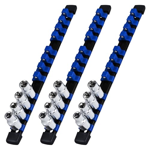 1/2-Inch Drive Heavy Duty Socket Holder Kit ABS, Socket Rail 12 Clips Blue, 3 Pieces - color: Blue, size: 3PC 1/2x3