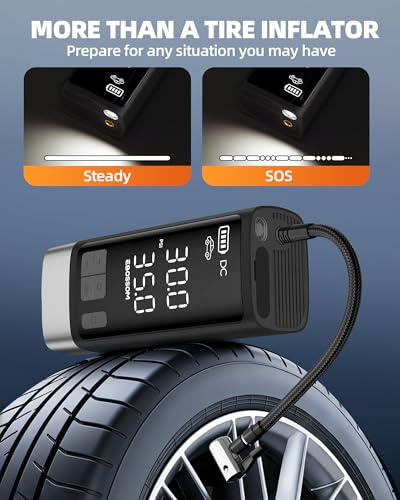 Dual Cylinder Portable Tire Inflator, 150PSI Cordless Air Compressor | 5X Fast inflation with rechargeable battery+12V DC, memory function for pickup car vehicles