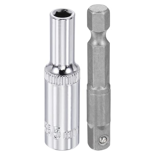HARFINGTON Deep 6-Point Impact Socket 1/4" Drive 5mm Metric Socket 50mm (2") Long with 1/4" Hex Shank Adapter, CR-V Steel Socket Adapter Accessory Tool Set Kit for Hex Bolts Nuts - size: 5mm x 50mm