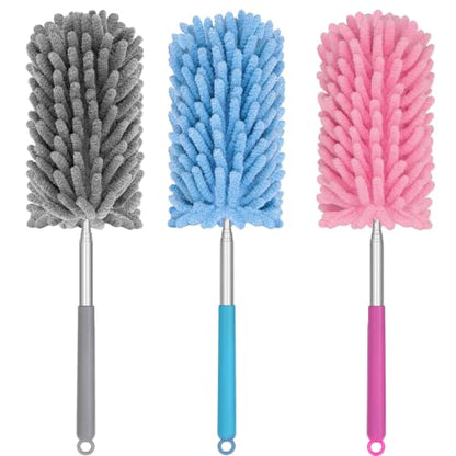 Mini Duster for Cleaning, 360° Bendable Hand Dusters with Extension Pole, Washable Small Duster for Car Interior, Office, Furniture - color: 3 Pack Blue Grey Pink